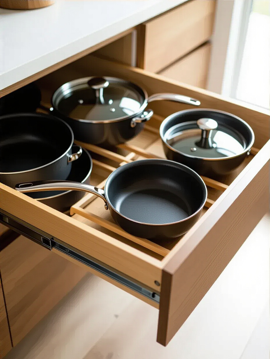 Open kitchen drawer with specialized wooden peg organization system holding various pots and pans securely.