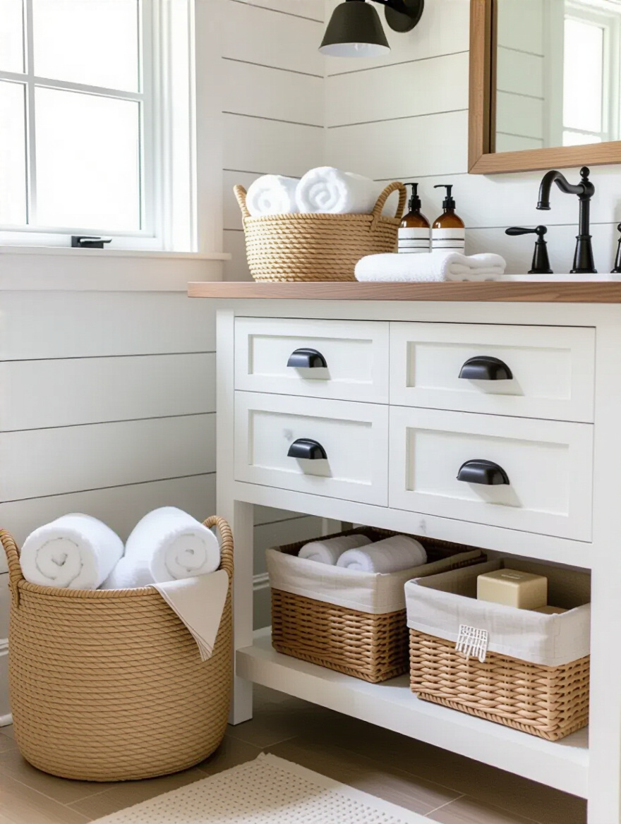 A farmhouse bathroom featuring various natural woven baskets used for practical and stylish storage of towels and toiletries, enhancing the rustic decor.