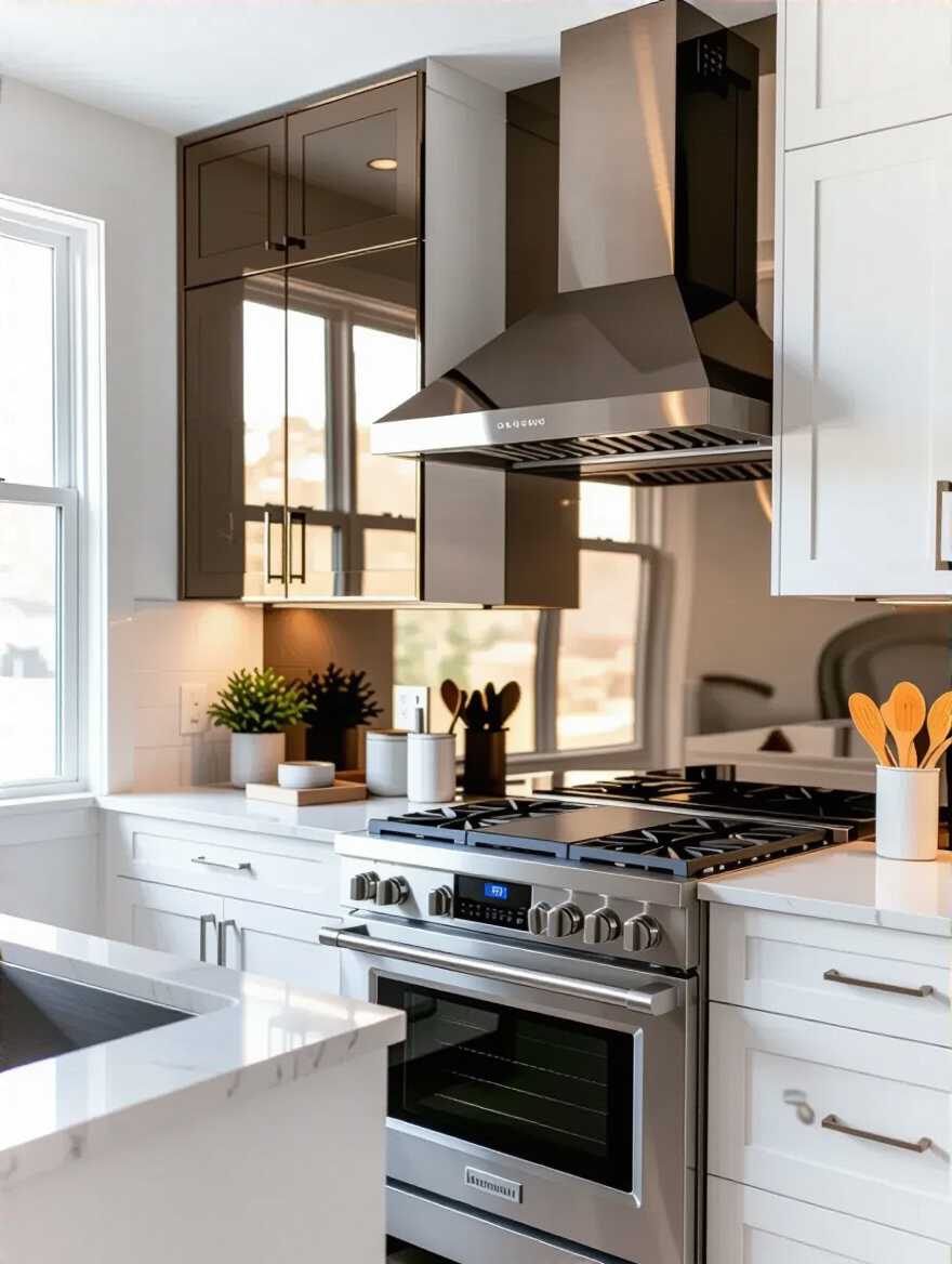 Antiqued mirrored backsplash reflecting light to create depth in a small kitchen