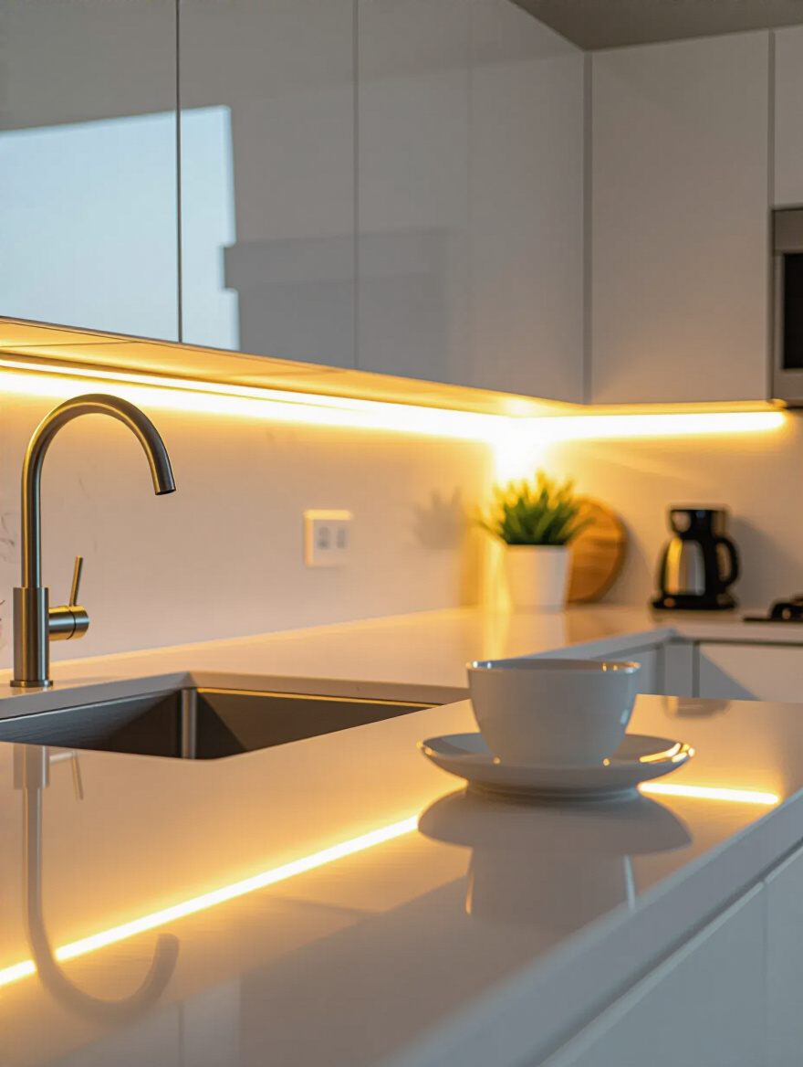 Under-cabinet lighting illuminating a compact kitchen counter