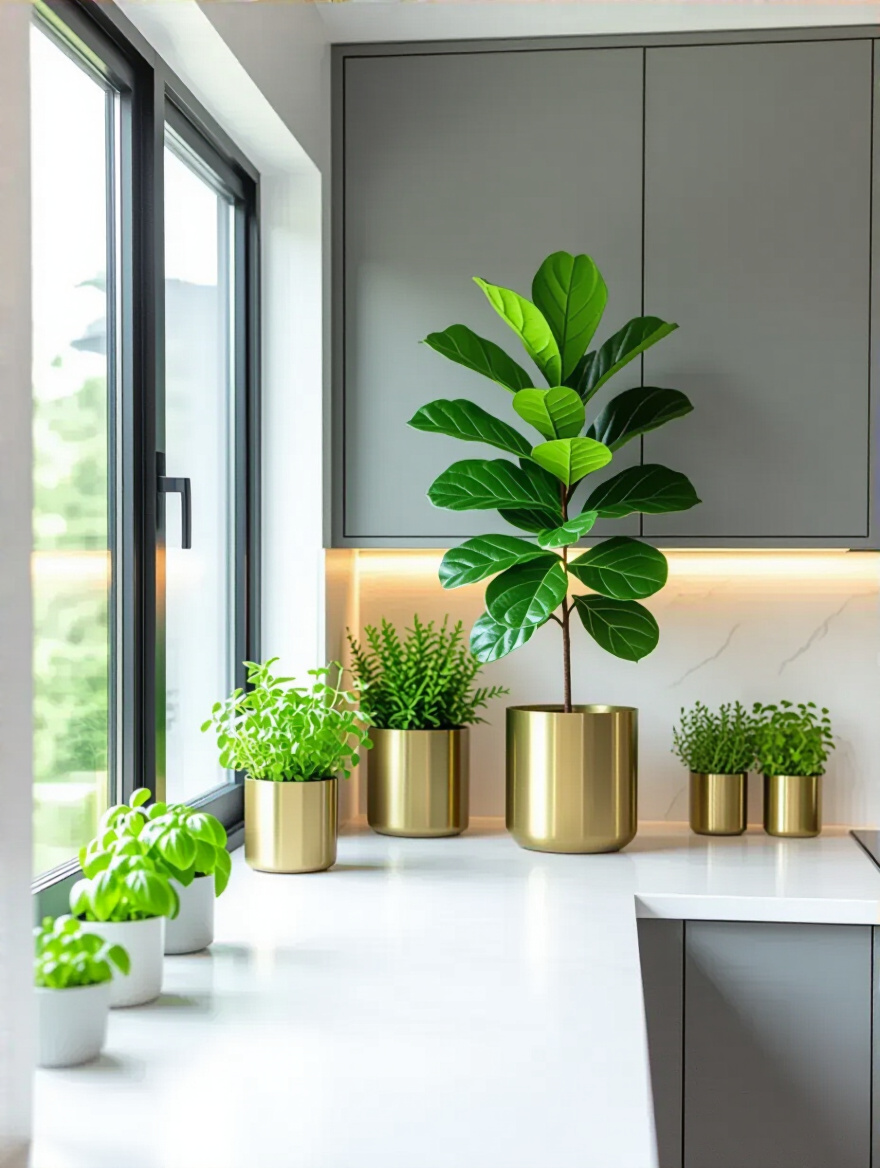 Portrait of greenery integrated into a contemporary kitchen design.