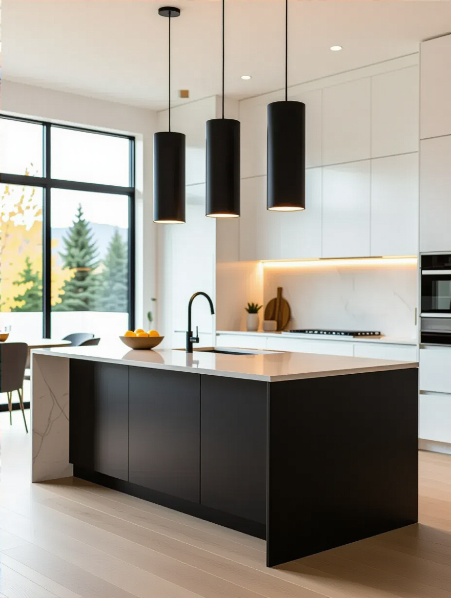 Three matte black cylindrical pendant lights illuminating a white quartz kitchen island, demonstrating kitchen ambiance and definition with modern lighting.