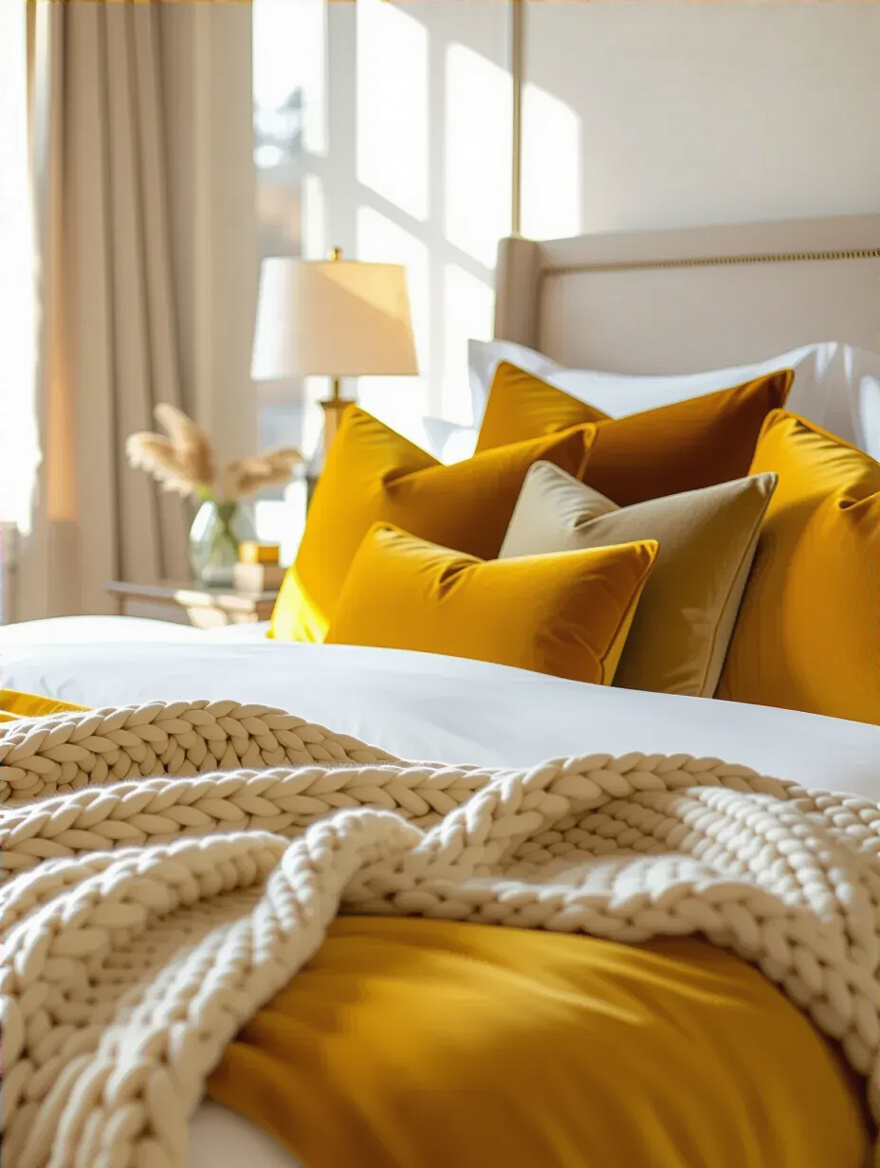 A bed adorned with numerous yellow throw pillows and blankets of diverse textures, including knit, velvet, and silk, creating visual depth and coziness in a sunlit bedroom.