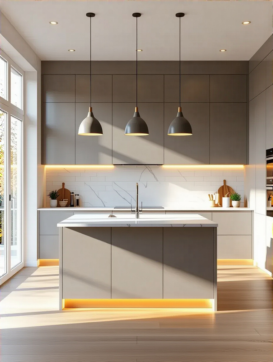 Modern kitchen with a blend of natural light from a large window and layered artificial lighting, including pendant lights and under-cabinet LEDs.