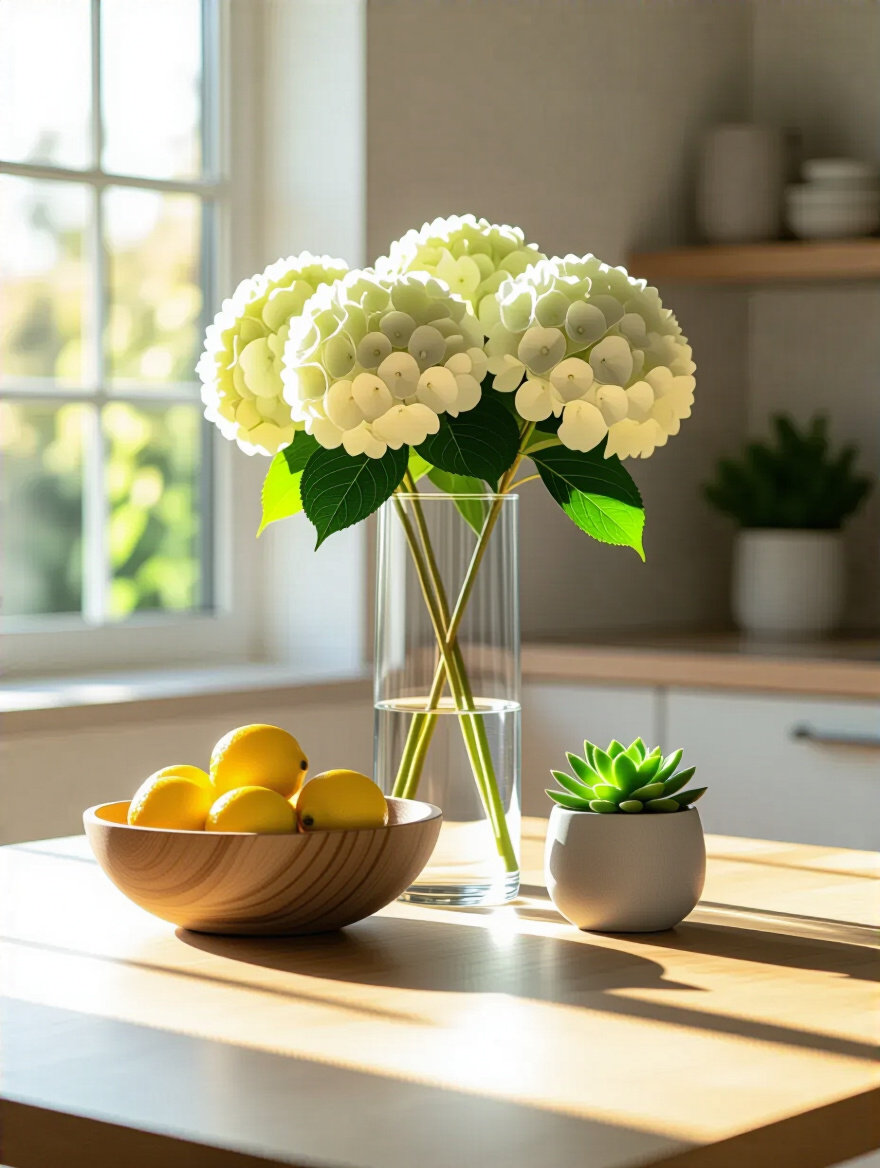 A professional portrait photo of a modern kitchen table centerpiece designed with the rule of three, showcasing a tall vase of white hydrangeas, a medium wooden bowl of lemons, and a small succulent pot for visual balance.