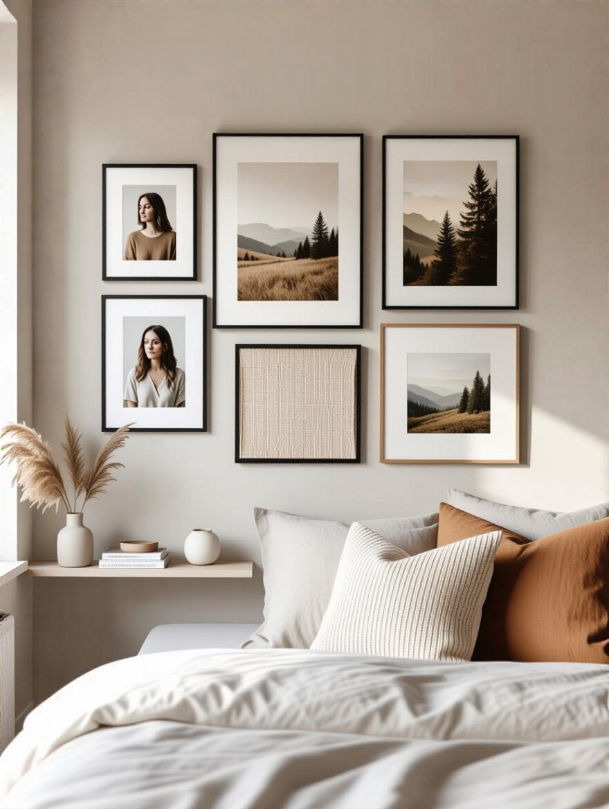 A modern apartment bedroom wall displaying a curated gallery of framed personal photographs, abstract art prints, and a textile piece, reflecting a unique personality. The setup showcases creative art arrangement for small spaces.