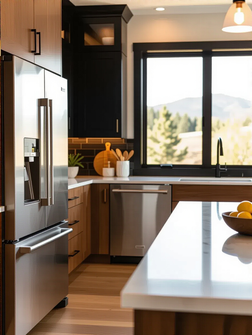 Modern kitchen with camouflaged panel-ready appliances and a bold statement piece