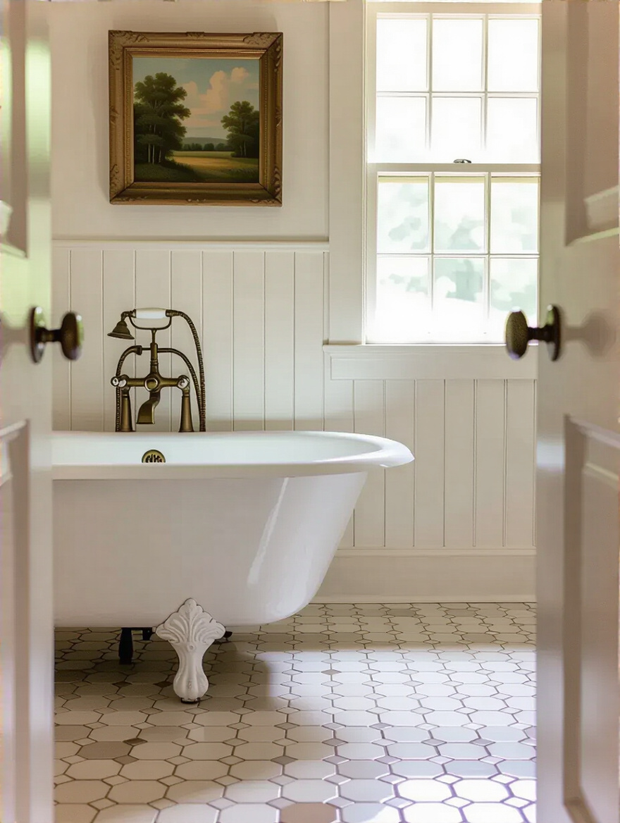Close-up of a restored farmhouse bathroom showing original hexagonal floor tiles and a vintage clawfoot tub next to a shiplap wall.