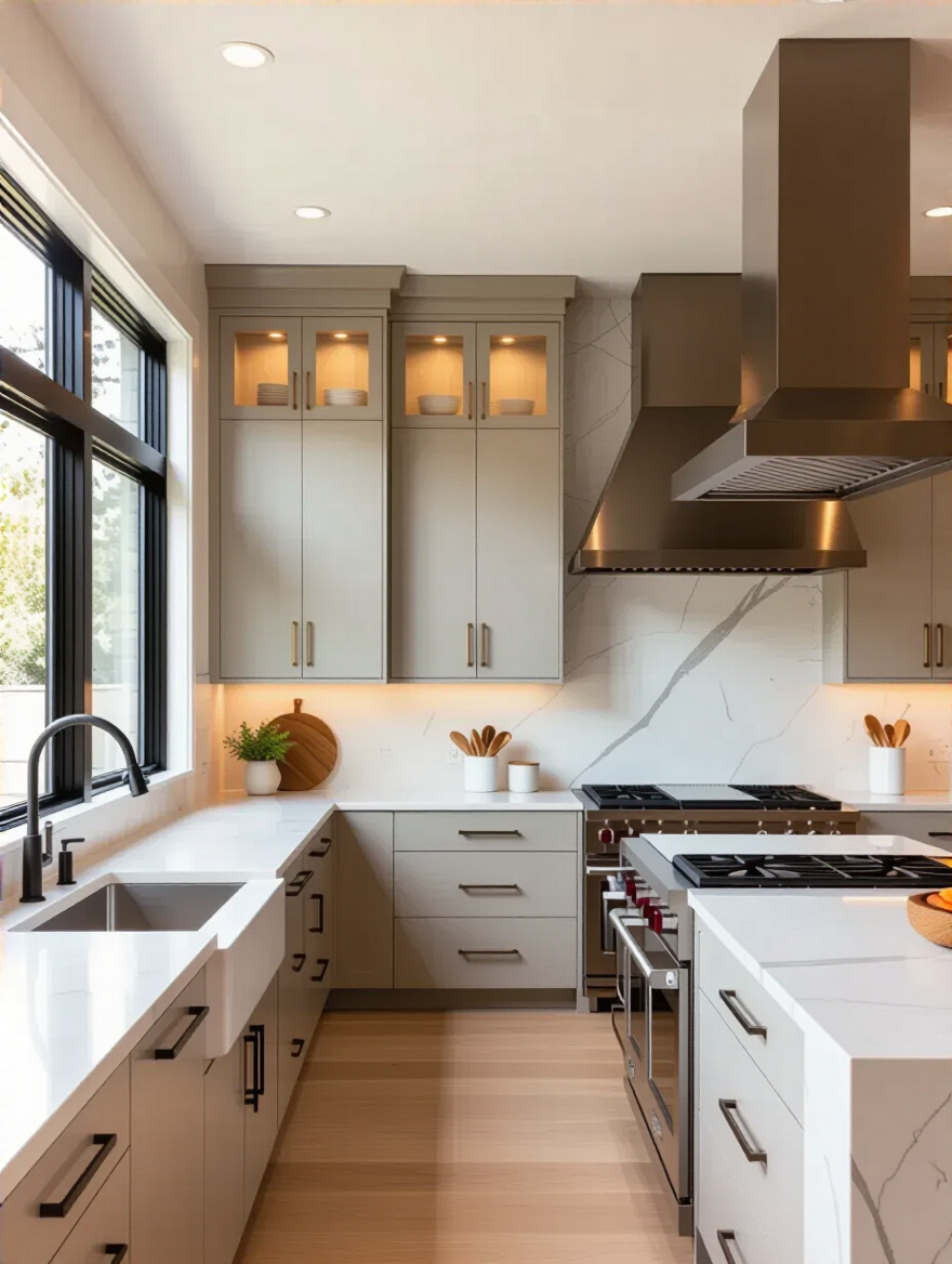 Portrait view of a modern kitchen showing cohesive layout with backsplash and island to illustrate layout assessment