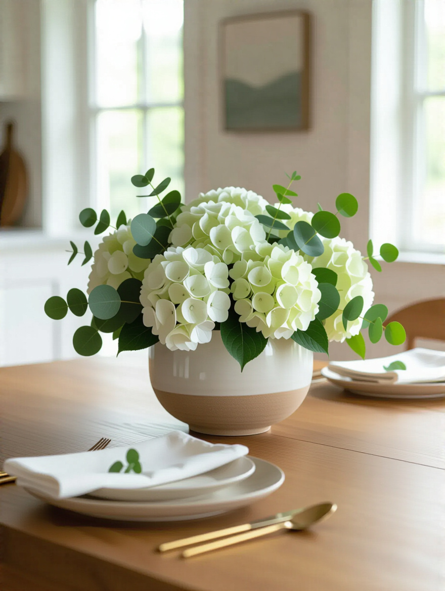 A beautifully proportioned floral centerpiece on a kitchen table, showcasing optimal scale for dining and aesthetics.