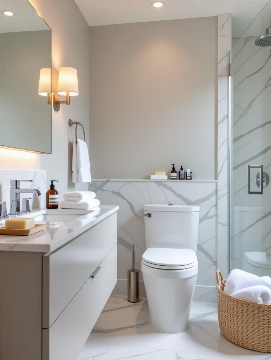 Clean modern bathroom with empty wall spaces, indicating careful planning for functional bathroom shelf placement.