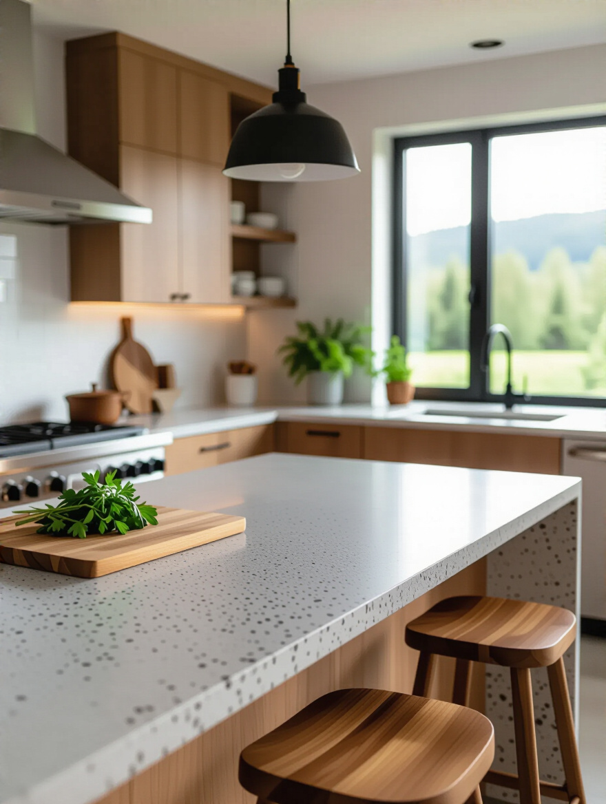 Portrait view of a kitchen countertop showing surface material and finish