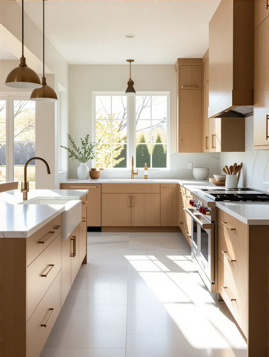 Image illustrating a sophisticated kitchen with a harmonious blend of cabinetry, countertops, and flooring, depicting the importance of assessing the existing kitchen aesthetic for cohesive kitchen backsplash design.