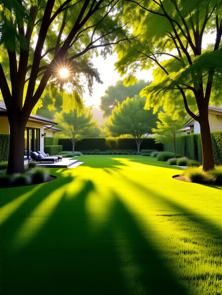 A serene backyard landscape bathed in morning light, showing varied sun and shade patterns, and mature trees, for assessing optimal patio placement and design.