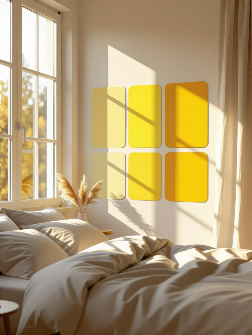 Bedroom wall with large yellow paint swatches under varying natural light, illustrating light assessment for yellow hue selection.