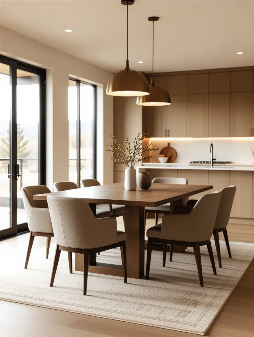 Portrait of a sunlit dining area with a properly sized kitchen table and open space around it.