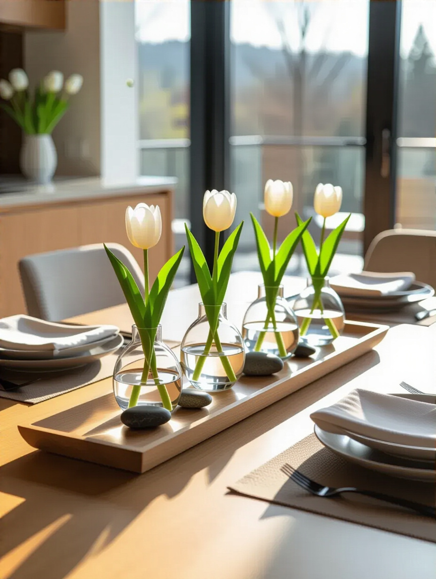 A beautifully set modern kitchen table featuring a low, elegant centerpiece designed to allow uninterrupted conversation. The centerpiece includes a shallow wooden tray with three small clear vases of white tulips and river stones, photographed at eye level to highlight the clear sightlines. No tall elements obstruct the view.