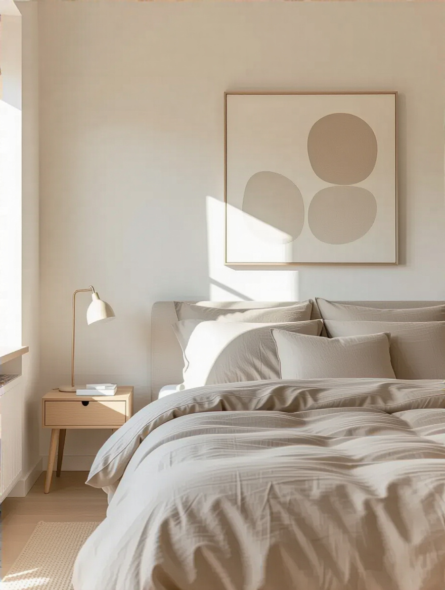 A minimalist apartment bedroom showcasing a neatly made bed with neutral bedding, a simple nightstand with a single lamp, and one large abstract art piece on a light-colored wall, emphasizing an uncluttered and calm interior, illuminated by soft natural light.