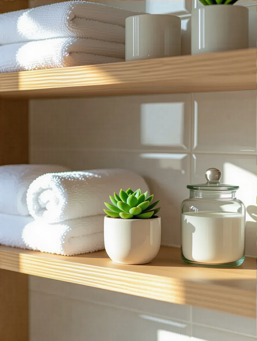 Minimalist bathroom shelf with a rolled white towel, green succulent, and apothecary jar, demonstrating an uncluttered and clean aesthetic with ample negative space.