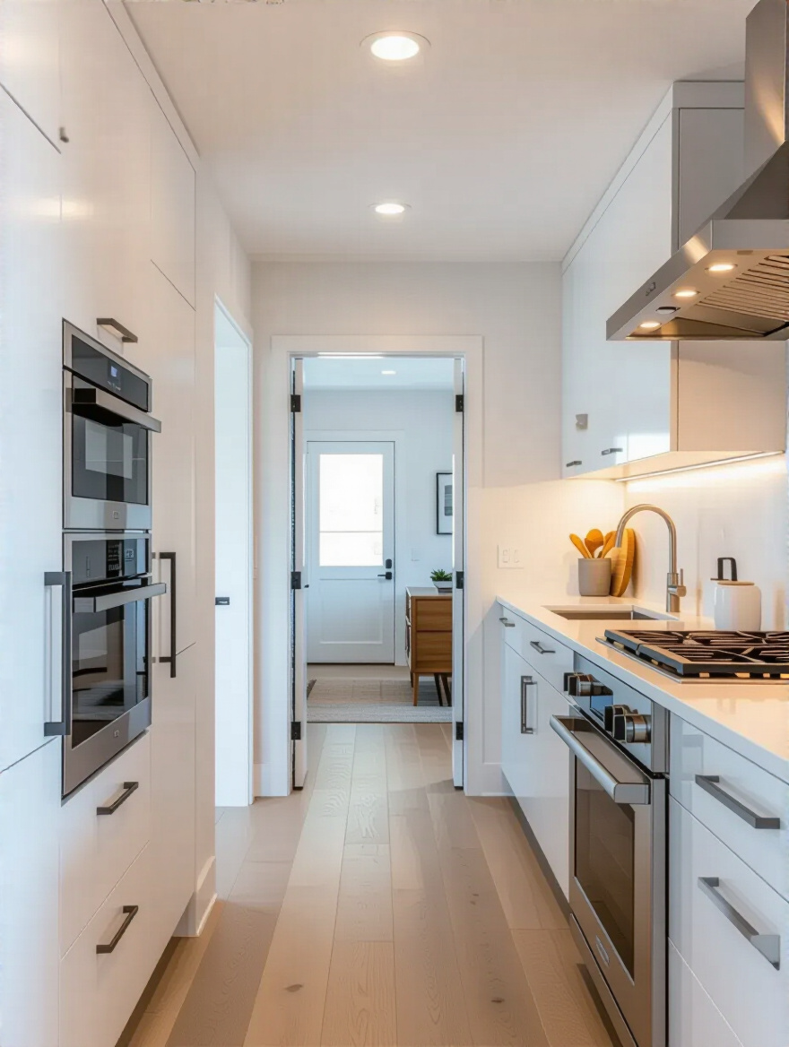 Portrait of a compact kitchen showing strategic door swings to avoid obstructions