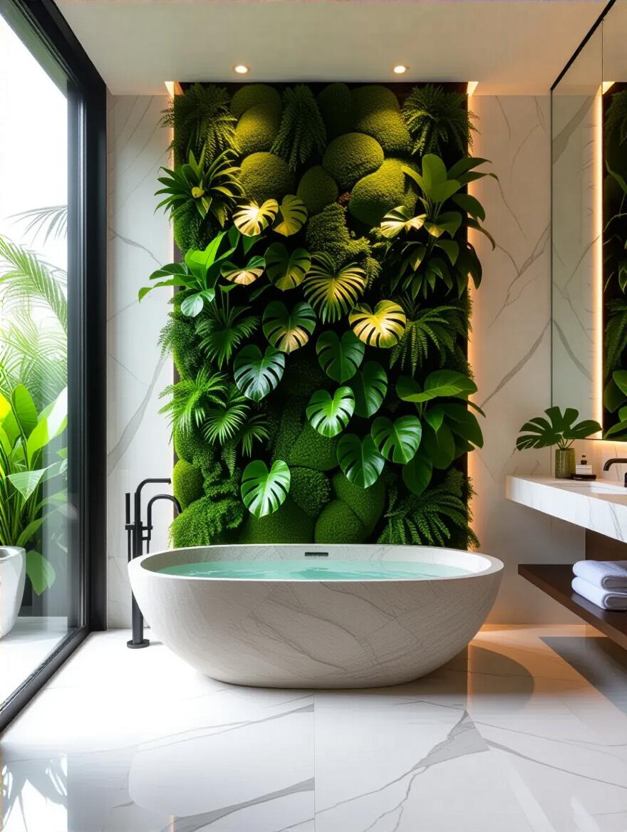 Portrait view of luxury bathroom with vertical garden wall and freestanding tub