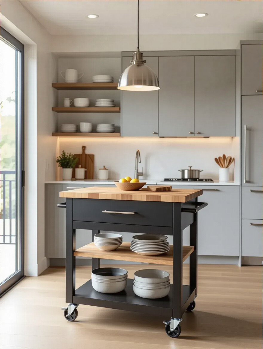 Compact kitchen with a movable island on wheels featuring a butcher-block top and open shelving