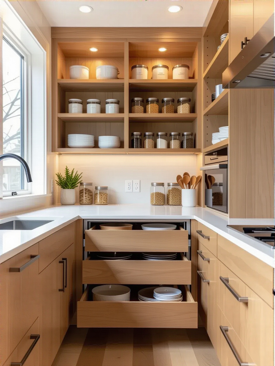 Vertical kitchen view showing pull-out pantry and drawers for accessible storage