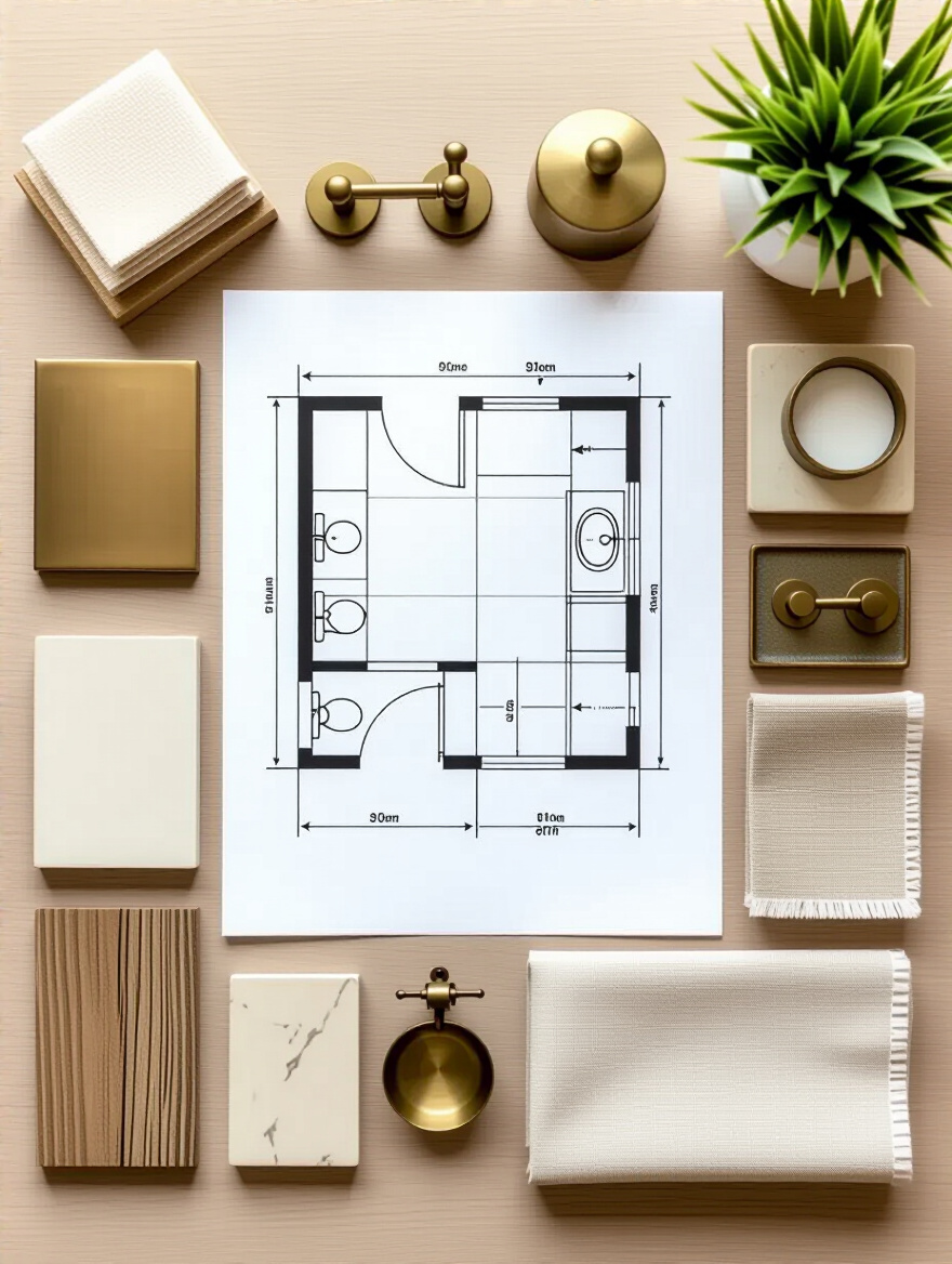 Overhead view of a design workspace with farmhouse material samples, including shiplap, vintage faucet, and tile, organized around a bathroom floor plan blueprint, symbolizing effective budget planning for key farmhouse elements.