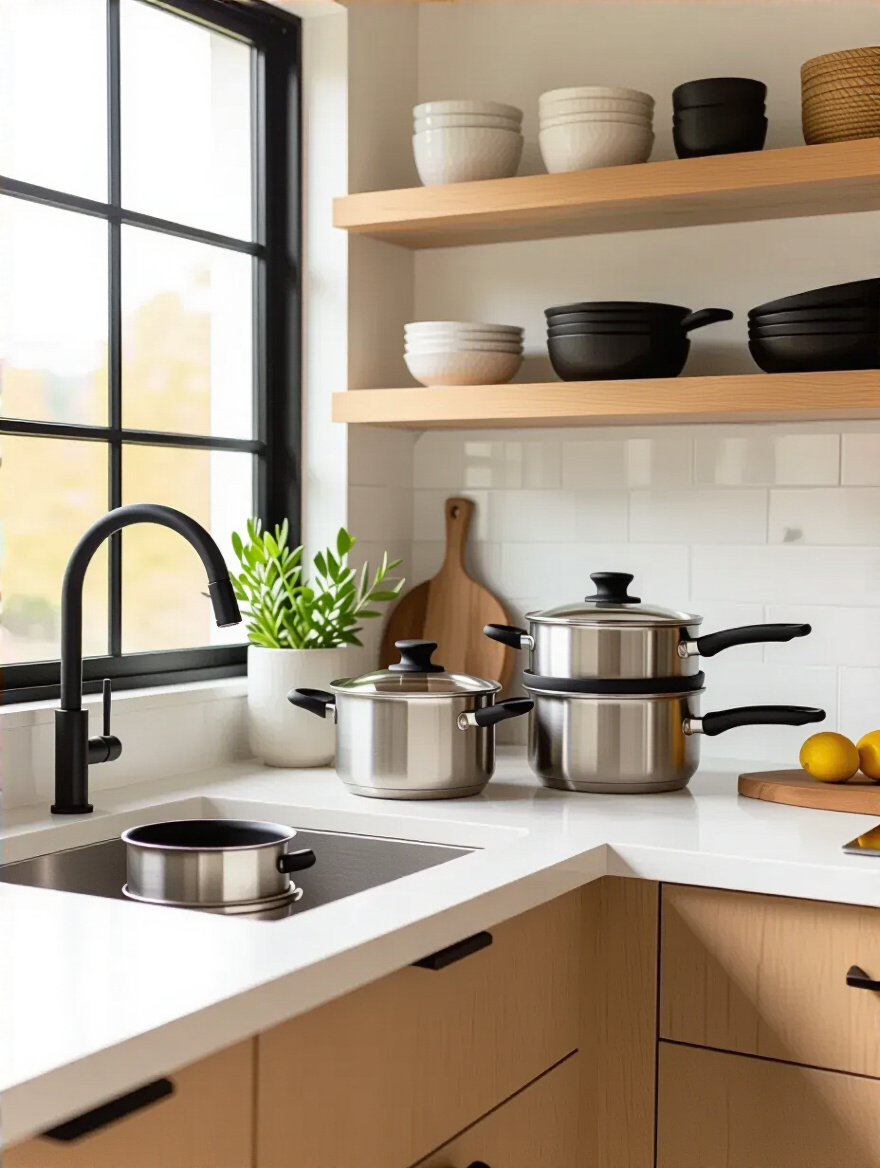 Neatly organized small-kitchen countertop with multifunctional cookware