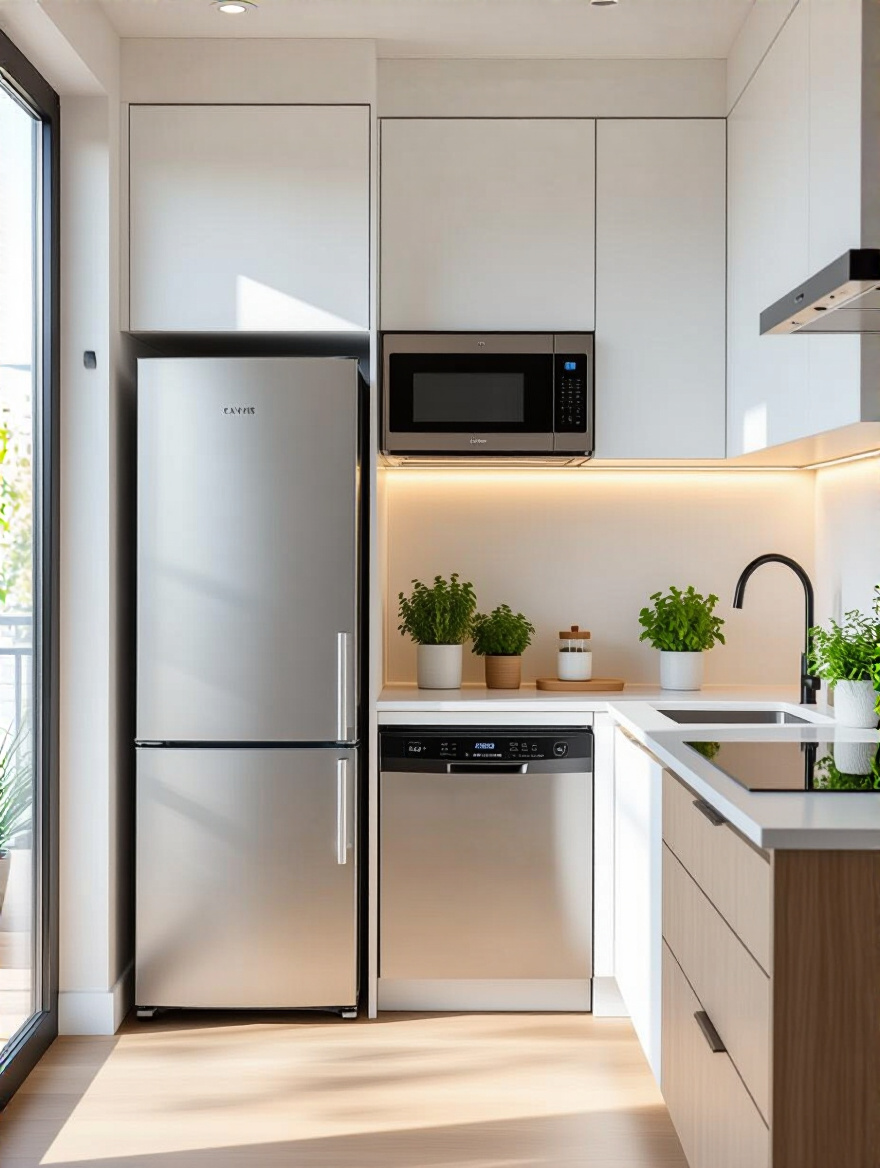 Vertical kitchen with integrated compact energy-efficient appliances