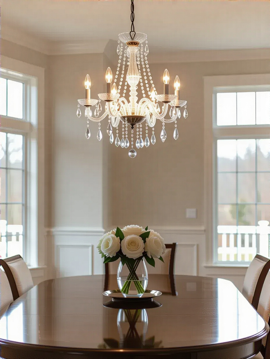 Elegant dining room chandelier positioned at an optimal height above the dining table, illustrating correct chandelier drop for visual balance.