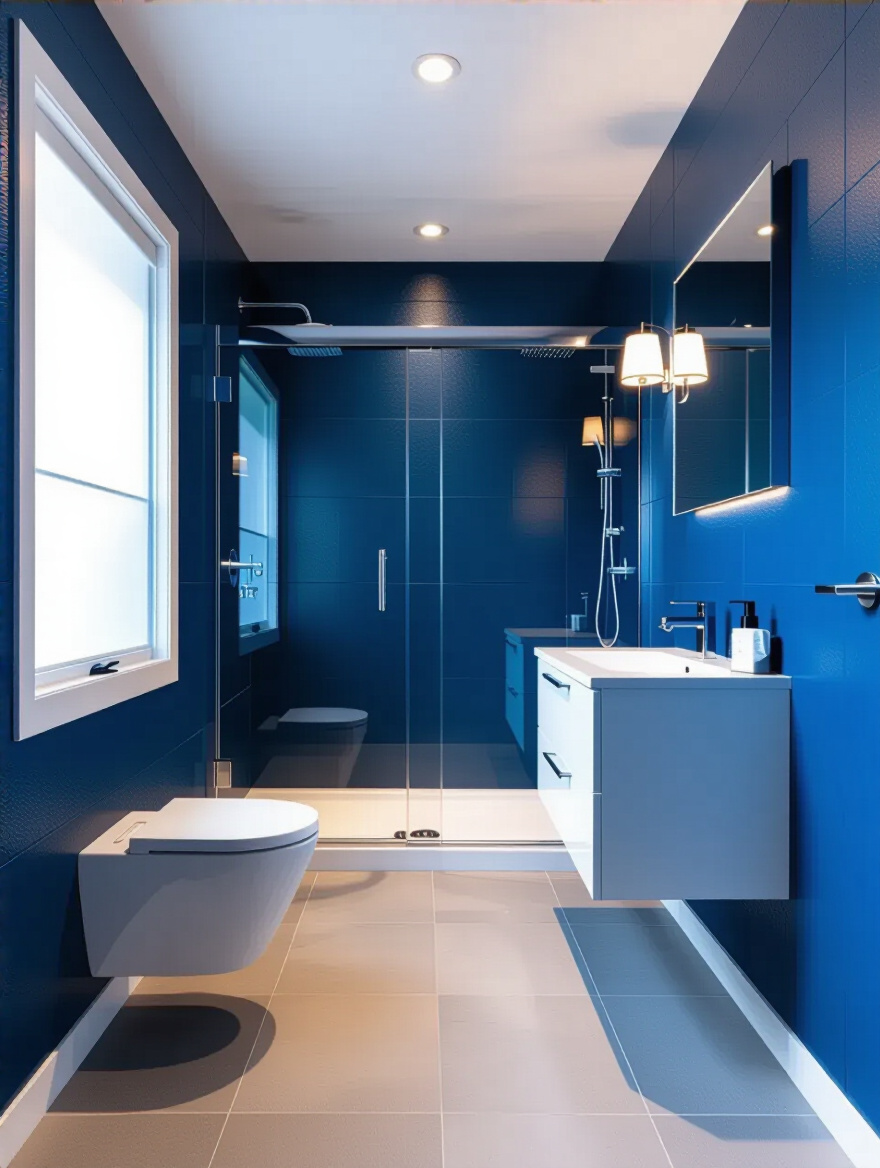 Vertical shot of a bathroom featuring blue moisture-resistant vinyl wallpaper in a humid space