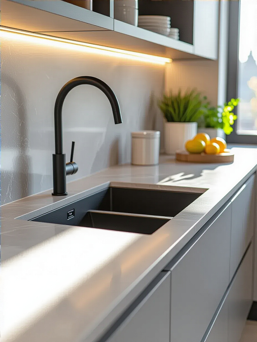 Modern kitchen with seamless grey quartz countertop and integrated sink, showcasing durable and low-maintenance design. Bright, clean, and elegant.