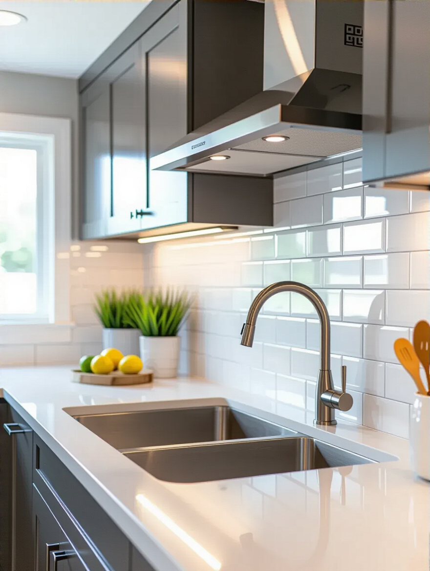 Portrait view of a modern kitchen backsplash edge treatment with brushed stainless steel trim