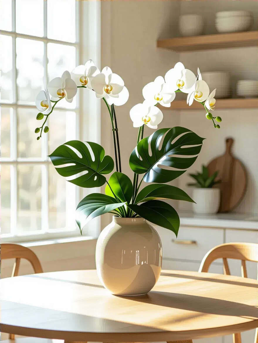 An elegant kitchen table centerpiece featuring a realistic faux monstera plant and white orchid stems in a ceramic vase, illustrating long-lasting greenery decor.