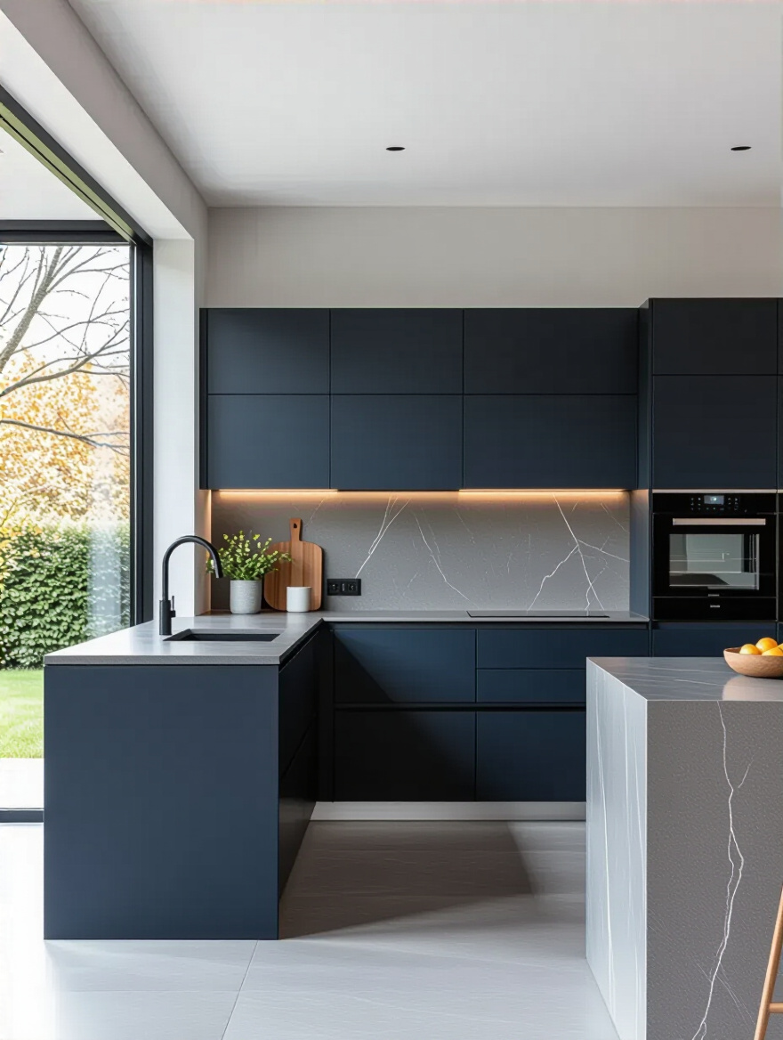 Sleek handleless matte navy kitchen cabinets with integrated mechanisms and grey quartz countertop in a modern contemporary design.