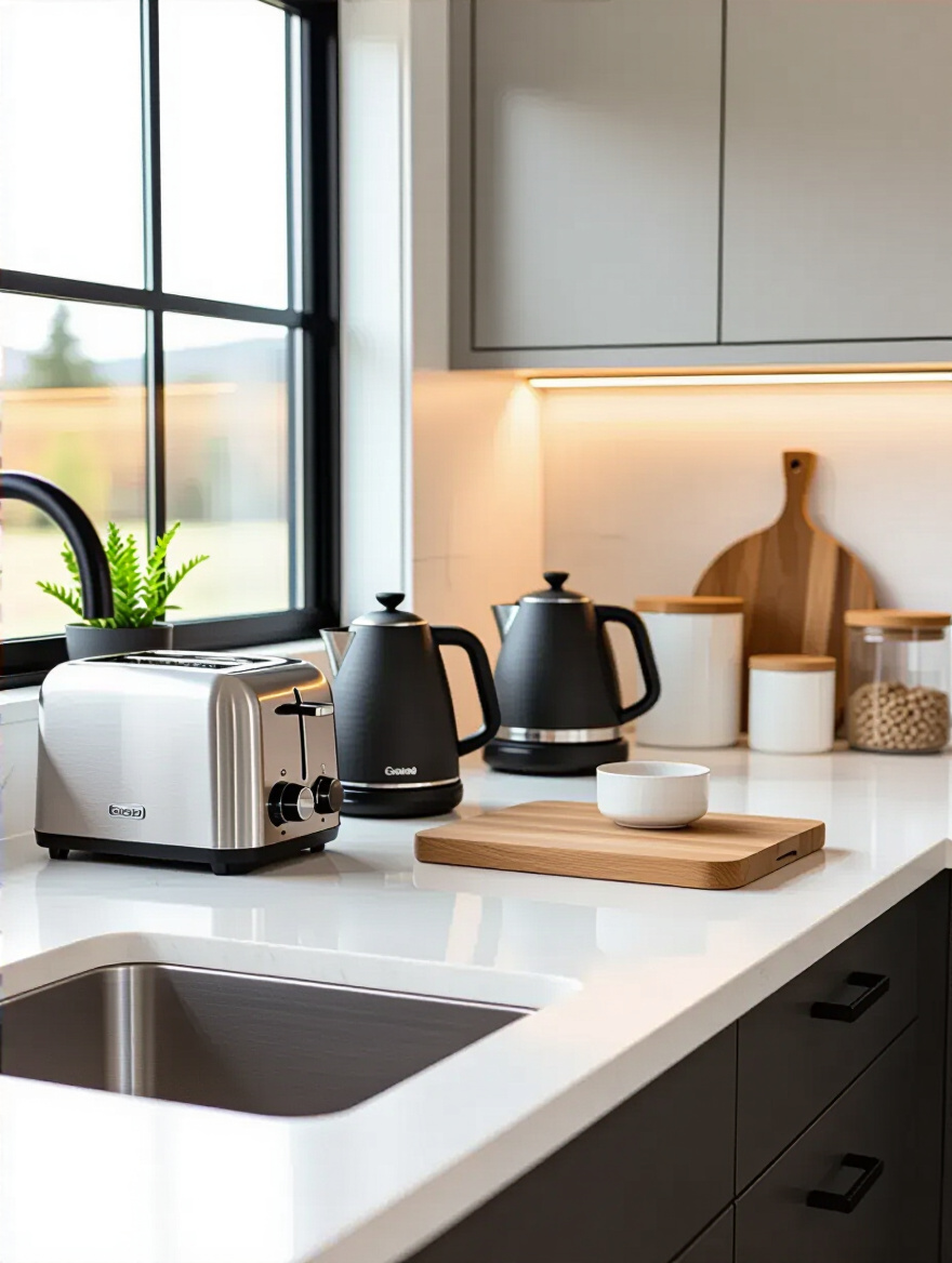 Portrait of a cohesive countertop with coordinated small appliances blending utility and design