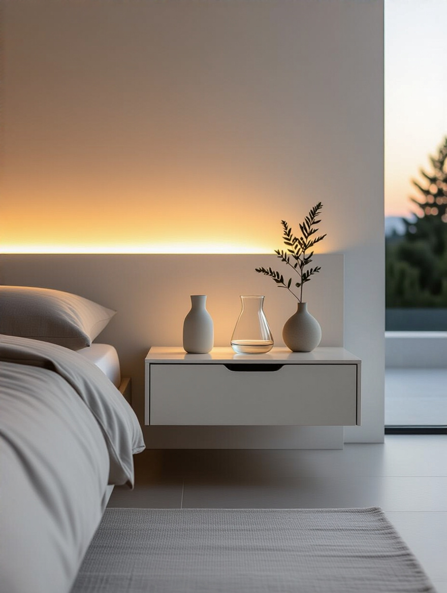 A minimalist modern bedroom featuring a sleek, wall-mounted white nightstand with a single hidden drawer and no visible clutter, bathed in soft, natural morning light.