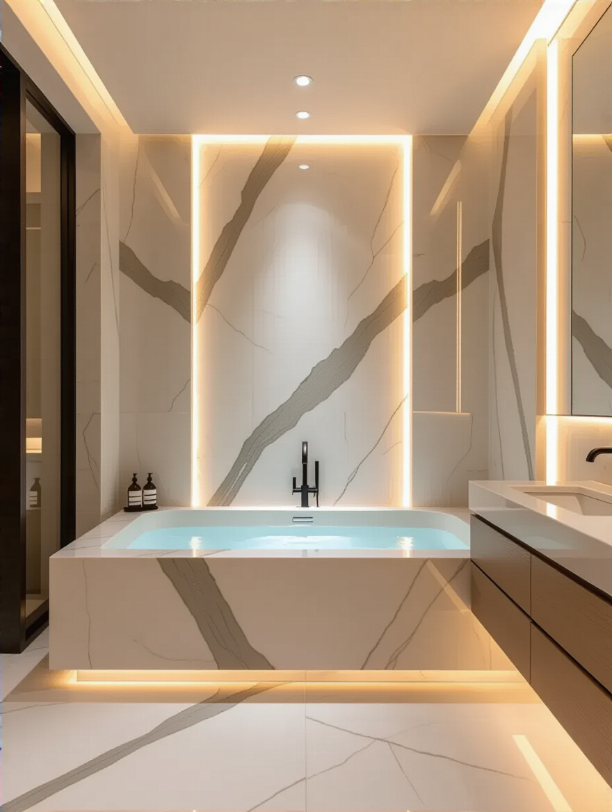 Portrait view of luxury bathroom with natural stone and porcelain surfaces