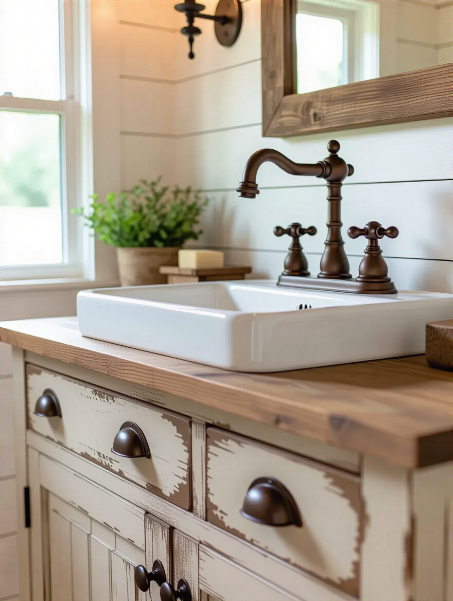 Vintage-inspired oil-rubbed bronze bridge faucet with cross-handles on a white ceramic sink, paired with rustic iron cup pulls on a distressed wood farmhouse bathroom vanity with a shiplap wall.