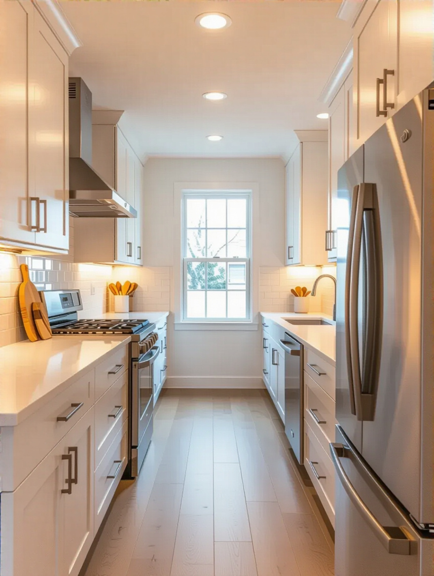 Portrait of a compact galley kitchen layout designed to prevent congestion