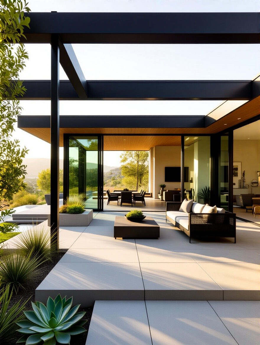 Modern minimalist home with a cohesive patio design featuring concrete pavers, sleek furniture, and succulents, demonstrating architectural harmony.