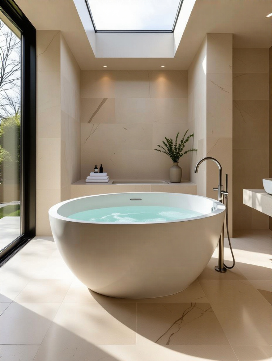 Luxurious freestanding soaking tub centerpiece in a spa-like bathroom