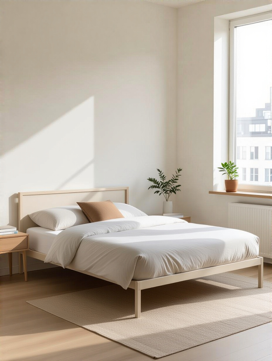 Modern minimalist platform bed frame in a bright apartment bedroom, showcasing its apt-friendly design for easy assembly and compact living.