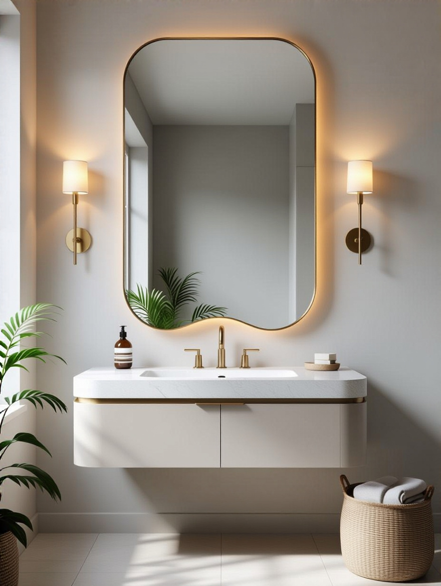Portrait of bathroom with oversized mirror focal point above vanity
