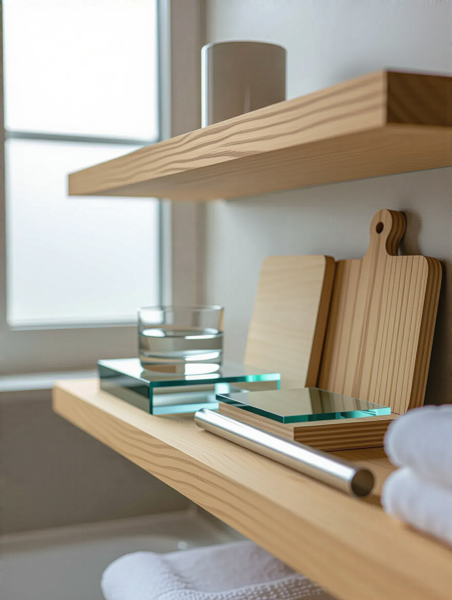A beautifully arranged bathroom shelf showcasing various durable materials such as tempered glass, sealed marine-grade plywood, and polished stainless steel, emphasizing water resistance and longevity.