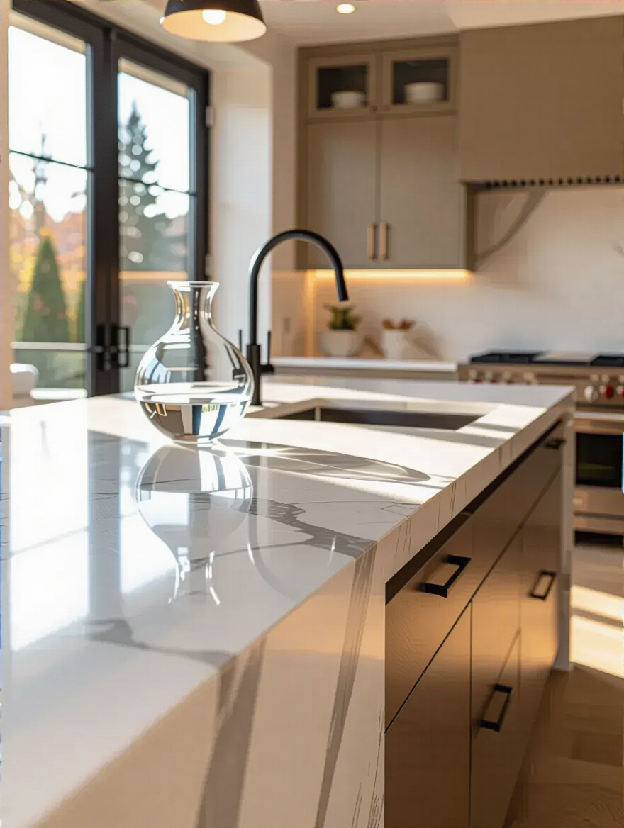 Modern kitchen island showcasing contrasting durable and visually appealing countertop materials, such as polished quartz and white marble, under soft natural light, ready for home renovation inspiration.