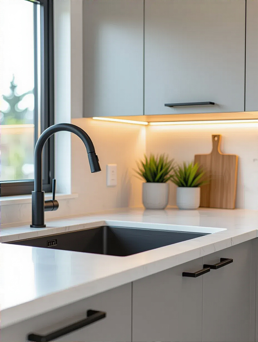 Portrait shot of a contemporary kitchen sink area with cohesive fixtures and minimal hardware