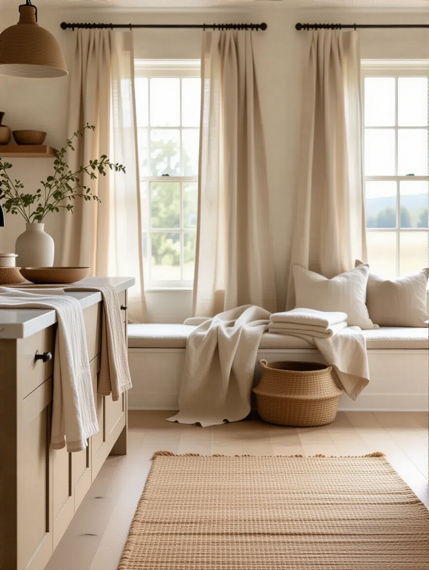 A beautifully styled kitchen interior featuring a textured rug, flowing curtains, and folded dish towels, emphasizing the importance of kitchen textiles for adding warmth and visual interest to the space.