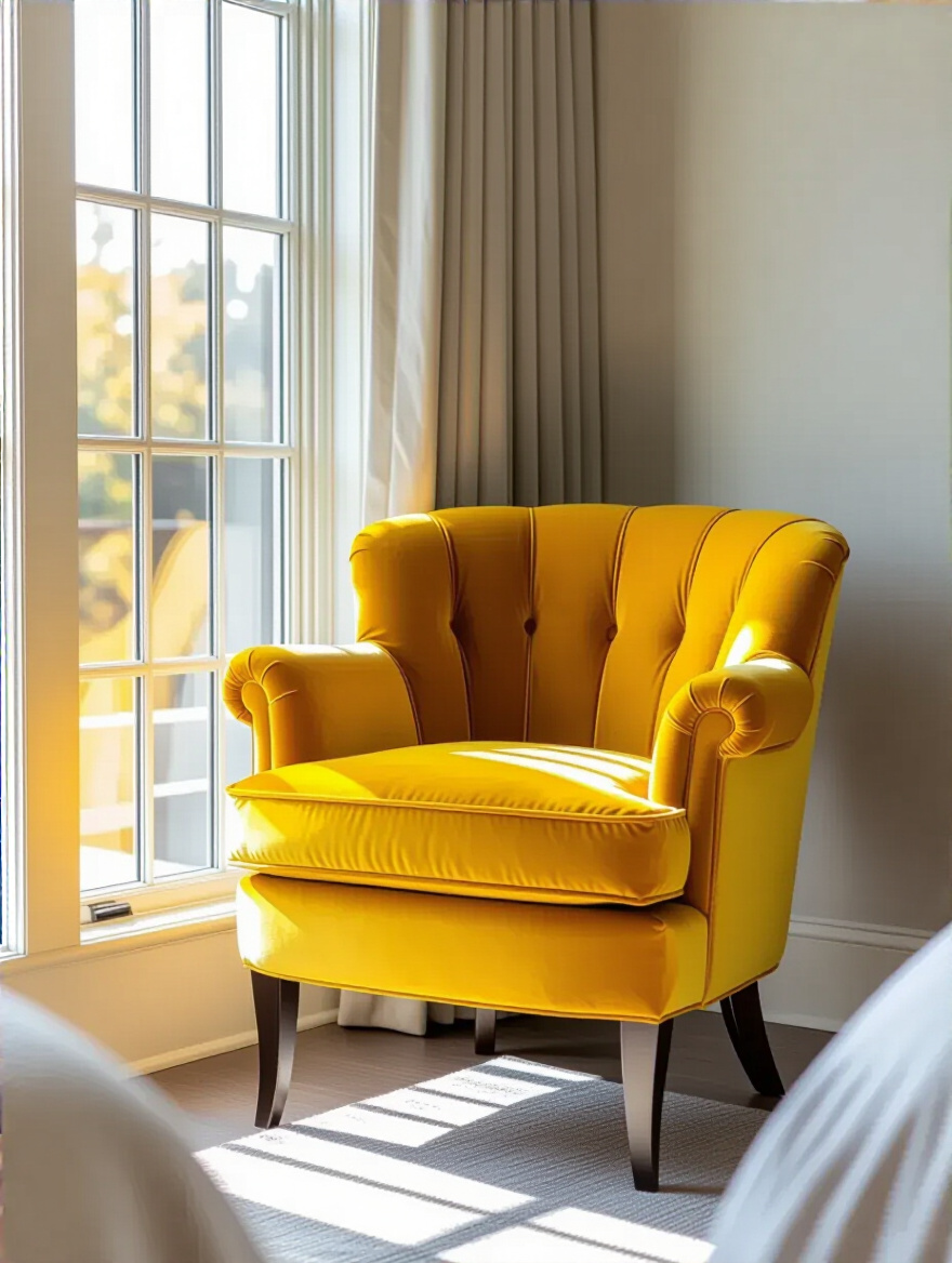 A vibrant mustard yellow velvet accent chair creating a cheerful focal point in a serene bedroom reading nook bathed in natural light.